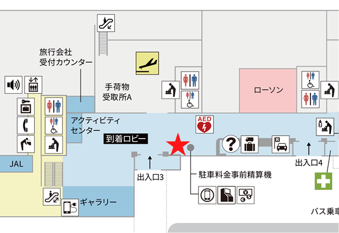 割引認証機設置場所 函館空港1F 認証機①：到着ロビー正面風除室内 認証機②：チェックインカウンター向かい