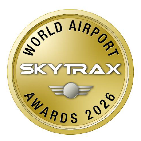 Award logo for the 2026 International Airport Evaluation by SKYTRAX.
