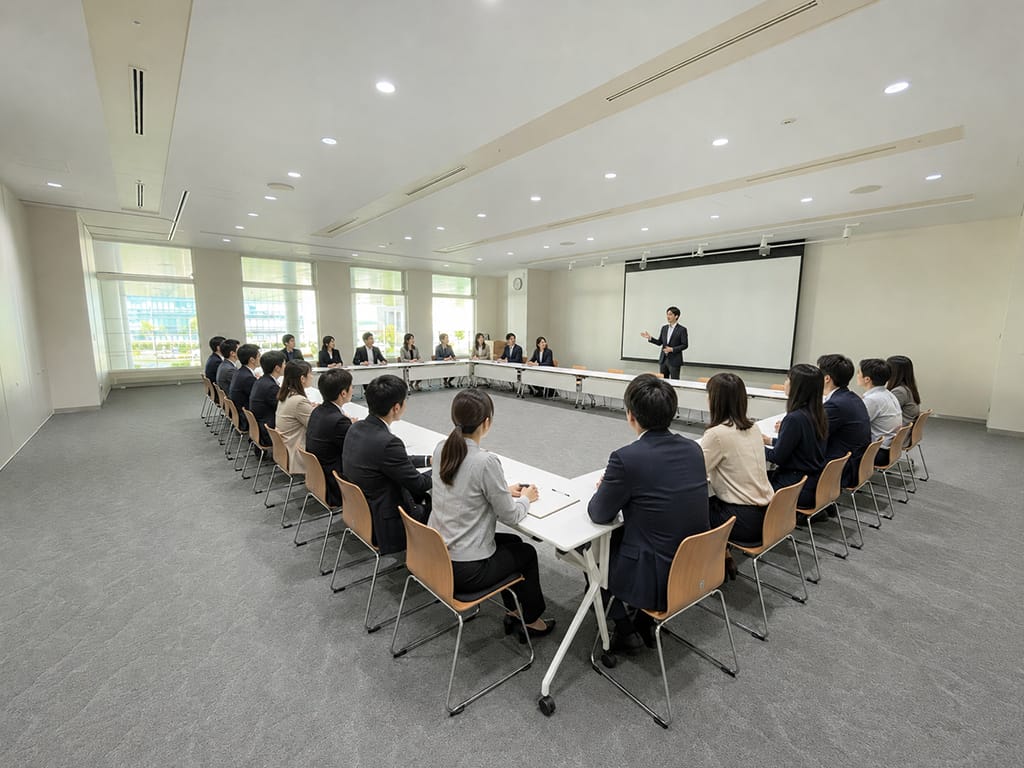 会議室で講師の説明を聞きながら社員研修に参加するスーツ姿の男女