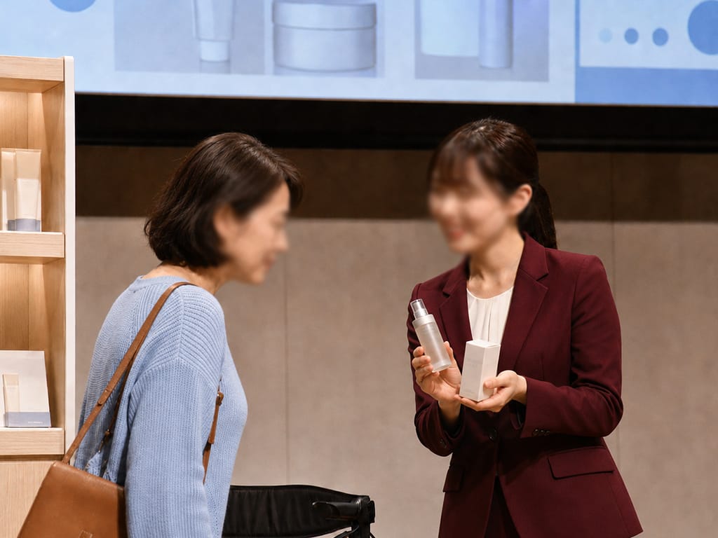 接遇コンテストで来場者に商品を提案する女性スタッフ