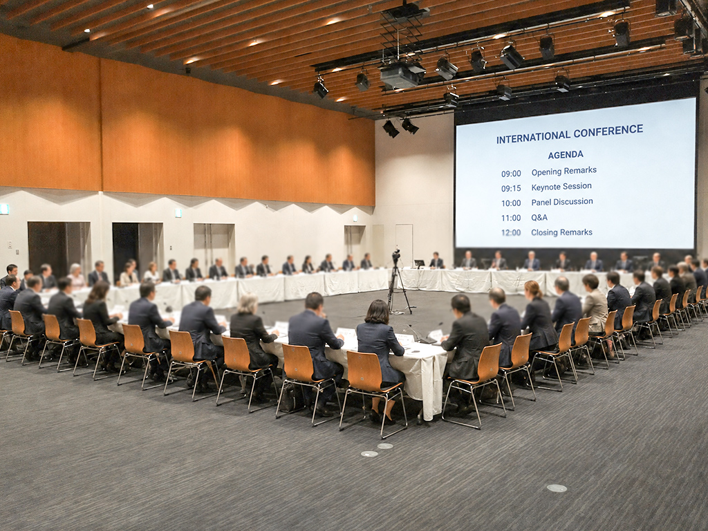 大型スクリーンを囲むように参加者が着席し、議事進行が行われる国際会議