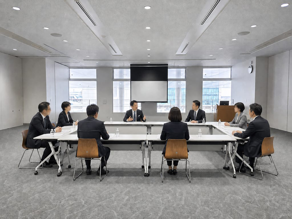 会議室で向かい合って着席し、取締役会を行うスーツ姿の男女
