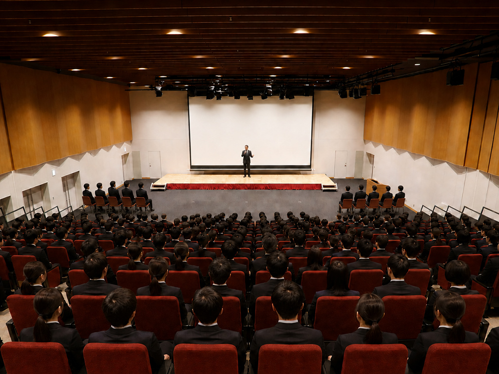 多くの新入社員が着席し、壇上で社長が挨拶する企業の入社式
