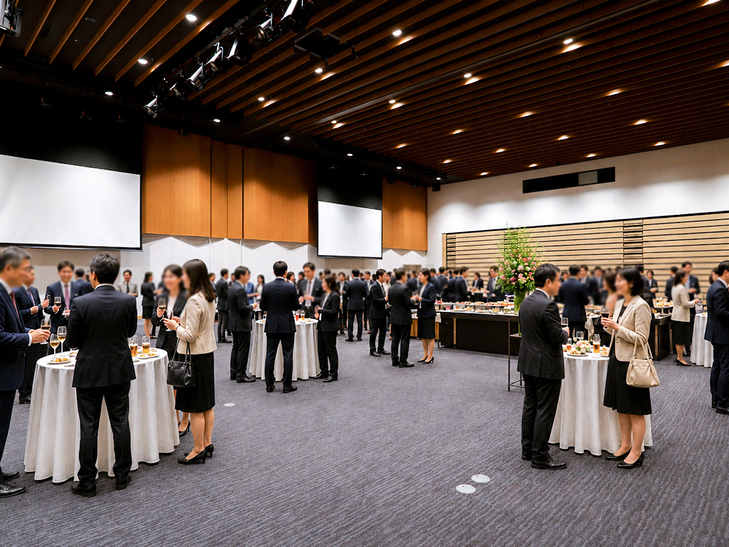 スーツ姿の参加者が飲食を楽しみながら交流する企業のレセプション