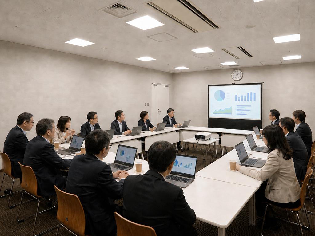 参加者がノートパソコンを広げ、スクリーンを見ながら意見交換する