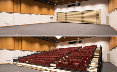 移動観覧席の収納時と展開時の様子