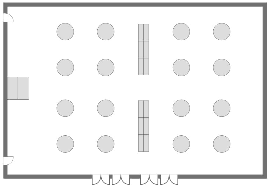 フラットフロア使用時の立食パーティー形式レイアウト図