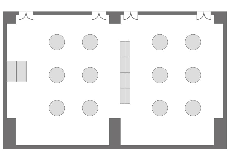 セミナールーム全面使用時の立食パーティー形式レイアウト図