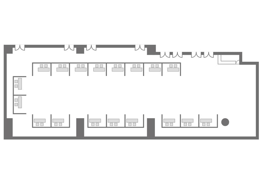 セミナールーム2室＋ホワイエを加えた3室連結使用時の展示・商談会形式レイアウト図