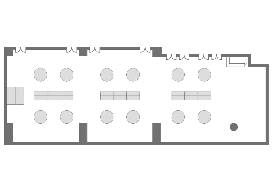 セミナールーム2室＋ホワイエを加えた3室連結使用時の立食パーティー形式レイアウト図