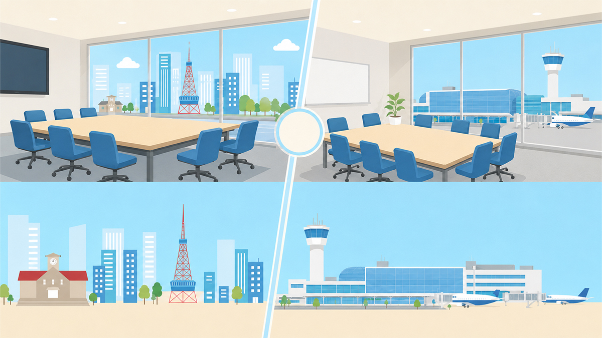 札幌市街を望む会議室と、新千歳空港ターミナルを望む会議室を比較したイラスト